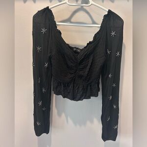 Urban Outfitters Black Star Embroidered Blouse XS NWT